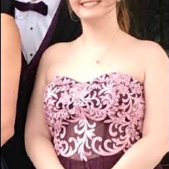 Plum Colored PROM DRESS w/ Pink Embroidery - Picture 3 of 6